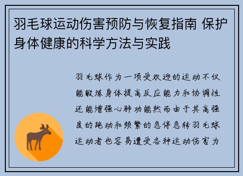 羽毛球运动伤害预防与恢复指南 保护身体健康的科学方法与实践